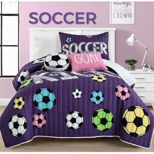 Girls Soccer Bedding - 4 Piece Quilt Set, Twin, Purple